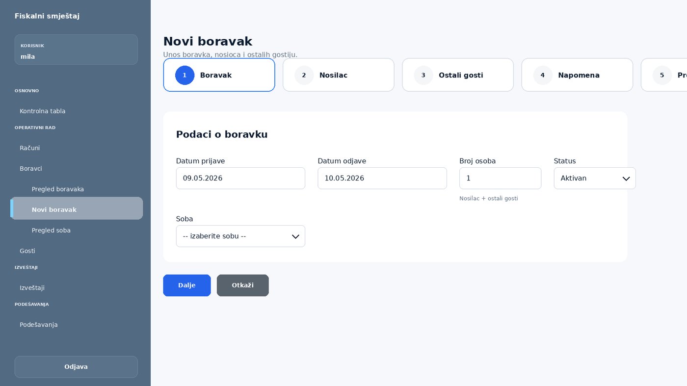 Ekran aplikacije Fiskalni smještaj - unos boravka